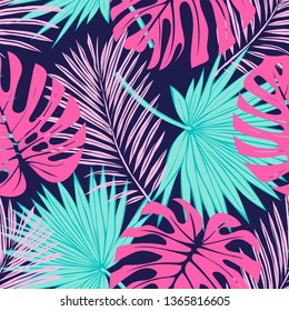 Seamless pattern of tropical leaves. Vector seamless pattern. Tropical illustration. Jungle foliage.