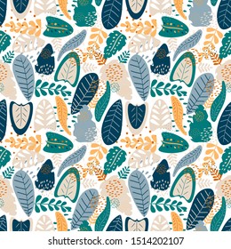 Seamless pattern with tropical leaves. Vector botanical design. Colorful print with hand drawn exotic plants. 