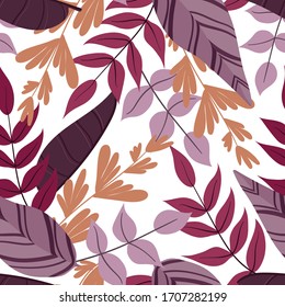 Seamless pattern with tropical leaves, vector graphics.