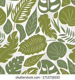 Seamless pattern with tropical leaves. Vector illustration-exotic plants on a white background . Fashionable Botanical fabric design. Illustration of the jungle.