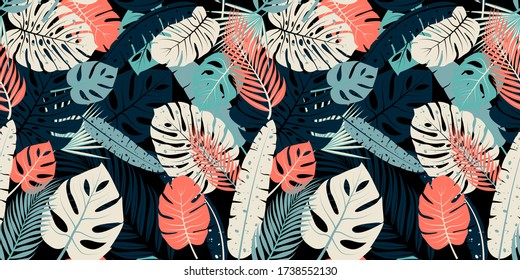 Seamless pattern with tropical leaves. Vector design