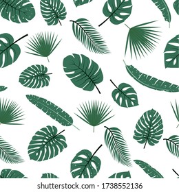 Seamless pattern with tropical leaves. Vector design. On a white background