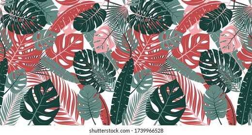 Seamless pattern with tropical leaves. Vector design