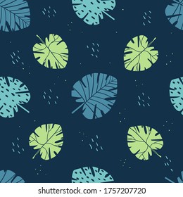 Seamless pattern with tropical leaves. Vector illustration on a dark background.