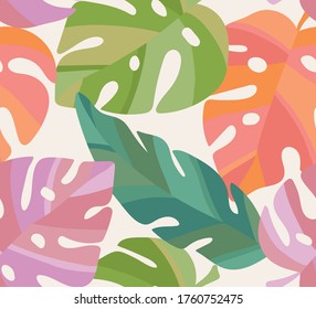 Seamless pattern with tropical leaves. Vector botanical illustration. Summer background for print, wallpaper, fabric.