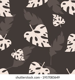 Seamless pattern with tropical leaves. Vector illustration on brown background.