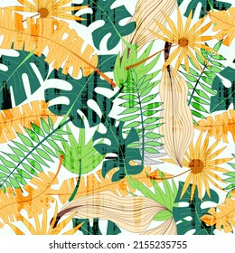 Seamless pattern tropical leaves, vector design