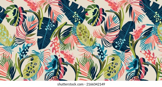 seamless pattern with tropical leaves, vector design for paper, fabric and other surface