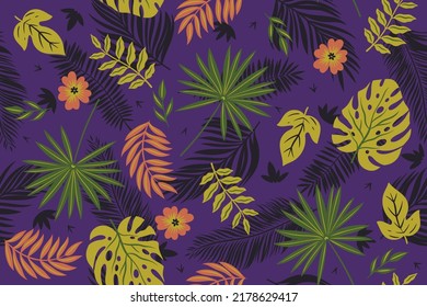 Seamless pattern with tropical leaves. Vector graphics.