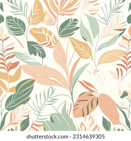 Seamless pattern with tropical leaves. Vector illustration in flat style.