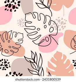 Patrón sin costuras de hojas tropicales .Vector de fondo floral en un estilo lineal minimalista de moda en colores pastel para la impresión de envases, tela, camisetas, cubiertas, carteles.Spring.Summer.EPS 10