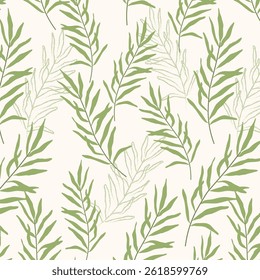 Seamless pattern with tropical leaves. Vector background with green leaves and contours on a light beige background. Delicate summer tropical print for printing on fabric, wallpaper, home textiles