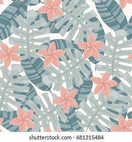 Seamless pattern with tropical leaves. Vector endless wallpaper