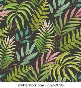 Seamless pattern with tropical leaves, vector colorful illustration on dark background.