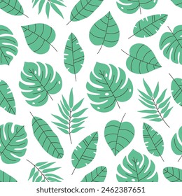 Seamless pattern with tropical leaves. Seamless pattern for wallpaper, textile, fabric, wrapping paper. Vector illustration in flat style