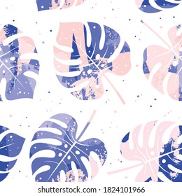 Seamless pattern with tropical leaves in watercolor style. Vector background with grunge texture effect