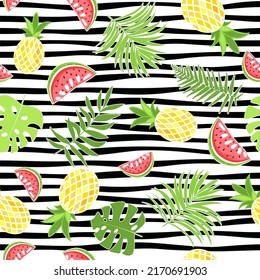 Seamless pattern  with tropical leaves, watermelon and pineapple. 