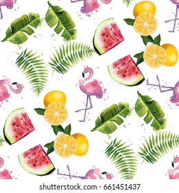 Patrón sin problemas con hojas tropicales, sandías, naranjas y flamencos.