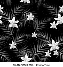 Patrón sin inconvenientes con hojas tropicales y flores de orquídea blanca. Hojas de palma negras y blancas en el fondo de las flores oscuras y coloreadas. Ilustración tropical. Follaje de jungla.