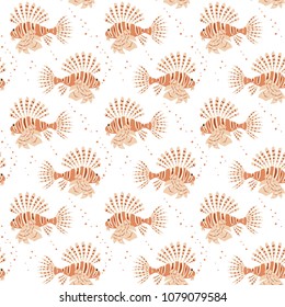Seamless pattern with tropical lionfishes on white background. Vector illustration. 
