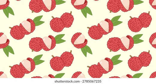 Seamless pattern with tropical lychee fruits on light background. Litchi chinensis vector. Cute red lychee seamless pattern. Illustration of Asian exotic fruits peeled, whole and with green leaves. Colorful food background for fabric, wallpaper and wrapping paper.