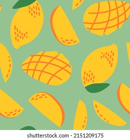 Seamless pattern with tropical mango fruit and slices. Vector green background. Colorful trendy exotic print