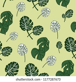 Seamless pattern of tropical many type of leaf on color background. EPS10 Vector illustration.