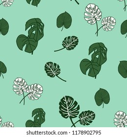 Seamless pattern of tropical many type of leaf on color background. EPS10 Vector illustration.