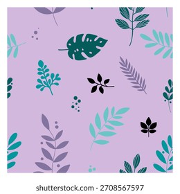 Seamless Pattern of Tropical and Minimalist Leaves on Purple Background