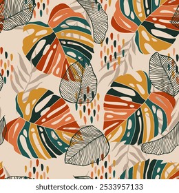 Padrão contínuo com monstros e pontos tropicais. Vetor sem costura floral padrão tropical fundo com folhas exóticas, folha de selva. Papel de parede exótico, estilo havaiano.