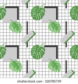 Seamless pattern with tropical monstera leafs on grid background 1