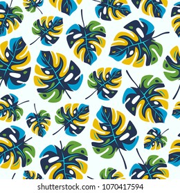 Seamless pattern with tropical monstera leaves. Illustration for summer background web and wallpaper design. Color print on white backdrop