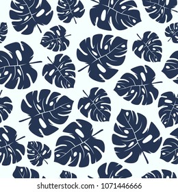 Seamless pattern with tropical monstera leaves. Illustration for summer background web and wallpaper design. Black print on white backdrop
