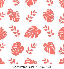Seamless pattern with tropical monstera leaves. Vector illustration. Seamless background with pink leaves