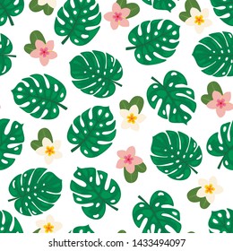 Seamless pattern with tropical monstera leaves and plumeria flowers
