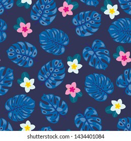 Seamless pattern with tropical monstera leaves and plumeria flowers