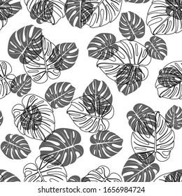 Seamless pattern with tropical monstera leaves. Illustration for summer background web and wallpaper design. Black outline print. flat silhouette ornament, Floral organic background