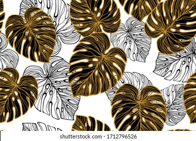 Seamless Pattern With Tropical Monstera Leaves On White Background. Vintage Plant Design. Hand Drawn Vector Illustration