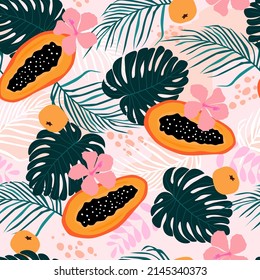 Seamless pattern with tropical monstera leaves, palm trees and fruits. Exotic print with plants from the jungle. Vector graphics.