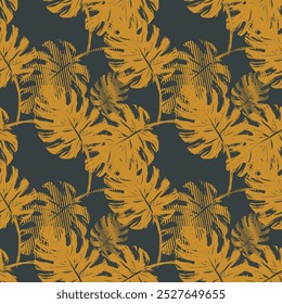 Seamless pattern with tropical monstera leaves in linear style. Vector botanical illustration. Vintage foliage background