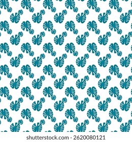 Seamless Pattern of Tropical Monstera Leaves in Blue on a White Background
