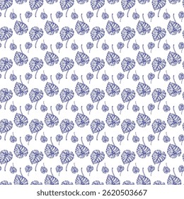 Seamless Pattern of Tropical Monstera Leaves in Vibrant Blue Line Art