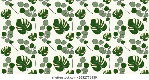 Seamless pattern with tropical monstera leaves and eucalyptus branches. Suitable for backgrounds, wallpapers, prints, posters, bed linen, home textiles, summer clothes. Vector image.