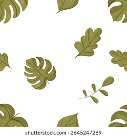 Padrão contínuo com folhas de monstros tropicais, folhas de árvores verdes. Ilustração botânica, vetor. Elemento vegetativo de praia e parque.