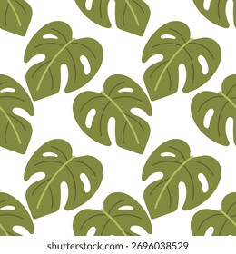 Seamless pattern with tropical monstera leaves in flat jungle style