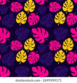Modelo inconsútil de las hojas tropicales de Monstera en un estilo vibrante del arte pop con los colores rosados brillantes y amarillos