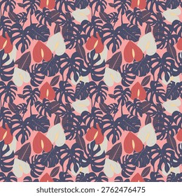 Seamless pattern with tropical monstera leaves and anthurium flowers on pink background,  Scandinavian style botanical vector illustration
