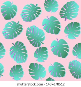 Seamless pattern with tropical monstera (philodendron) leaves on pastel pink background. Vaporwave retro 80s-90s style summer tropical vector illustration.
