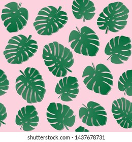 Seamless pattern with tropical monstera (philodendron) leaves on pastel pink background. Vaporwave/ retrowave style summer tropical vector illustration.