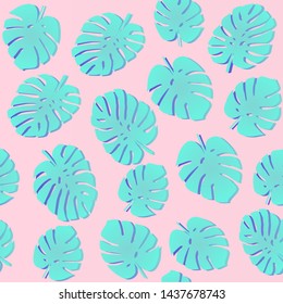 Seamless pattern with tropical monstera (philodendron) leaves on pastel pink background. Vaporwave retro 80s-90s style summer tropical vector illustration.